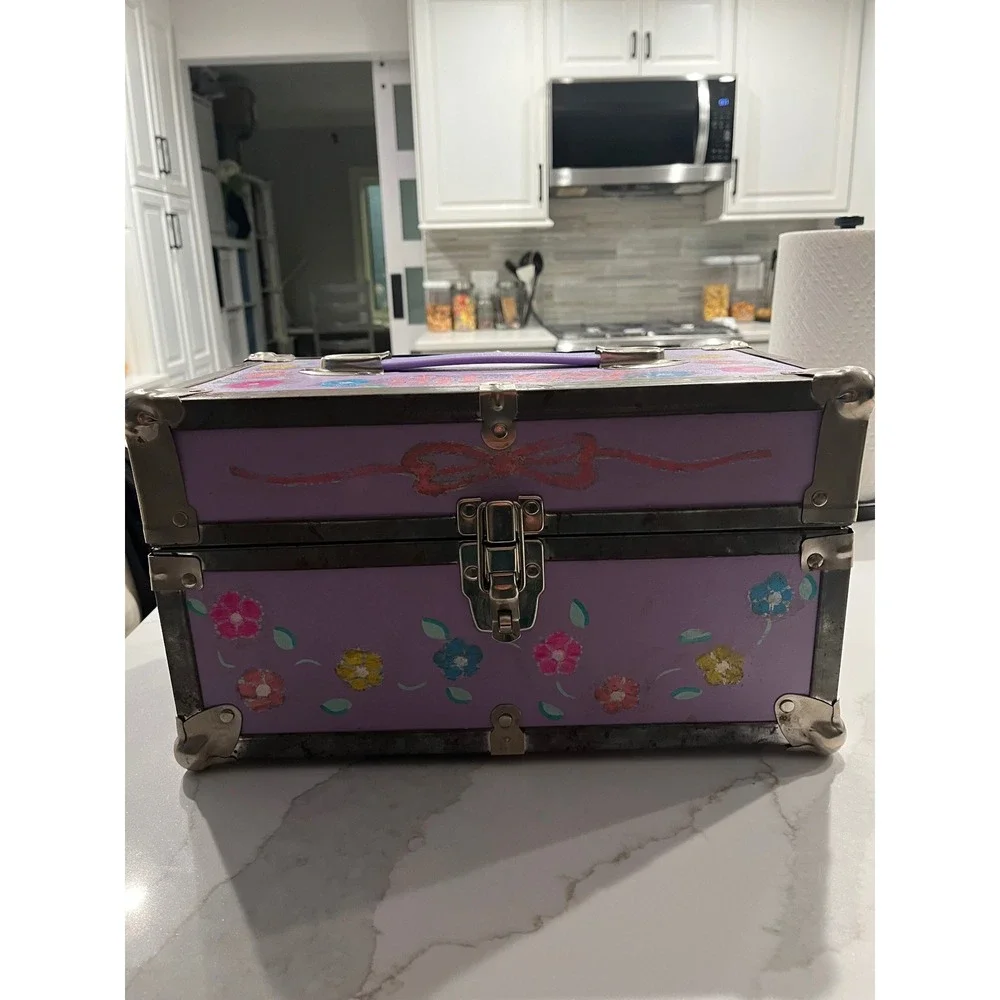 Vintage 90s purple Hand Painted Floral Storage Trunk Hilary Personalized Box